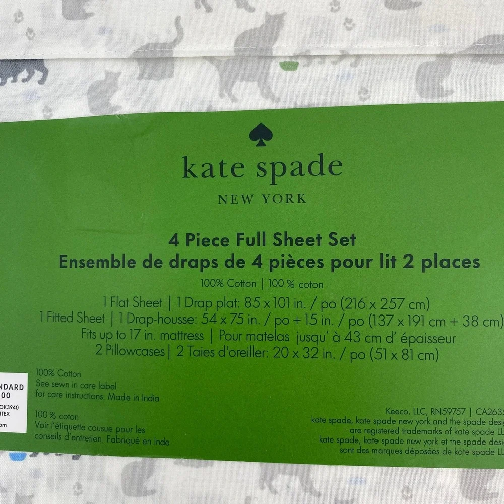 Kate Spade Sheet Set Full Grey White Cat Print 100% Cotton Animal Feline Pet